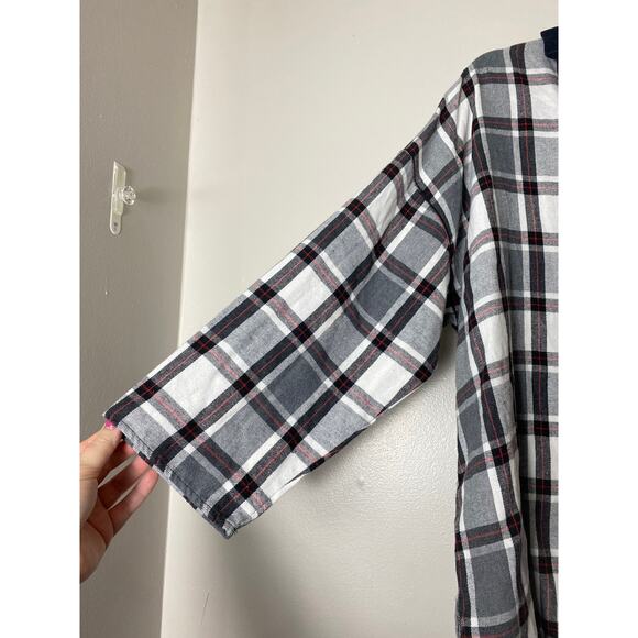 FREE PEOPLE SLEEP SHIRT M OVERSIZED SUNDAY MORNING PLAID BLACK WHITE RED COTTON - Picture 9 of 12